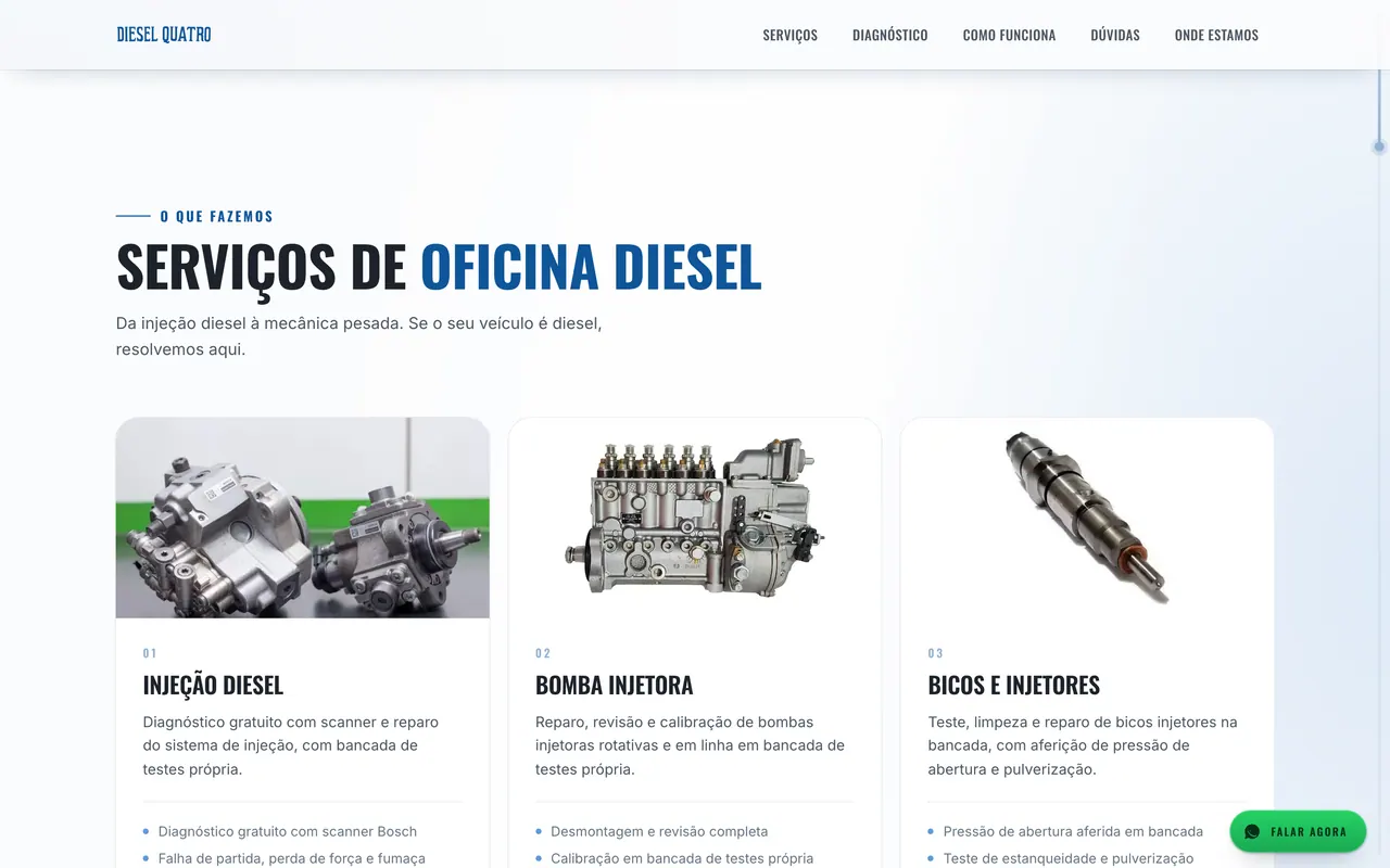 Diesel Quatro: seção de serviços do site no desktop