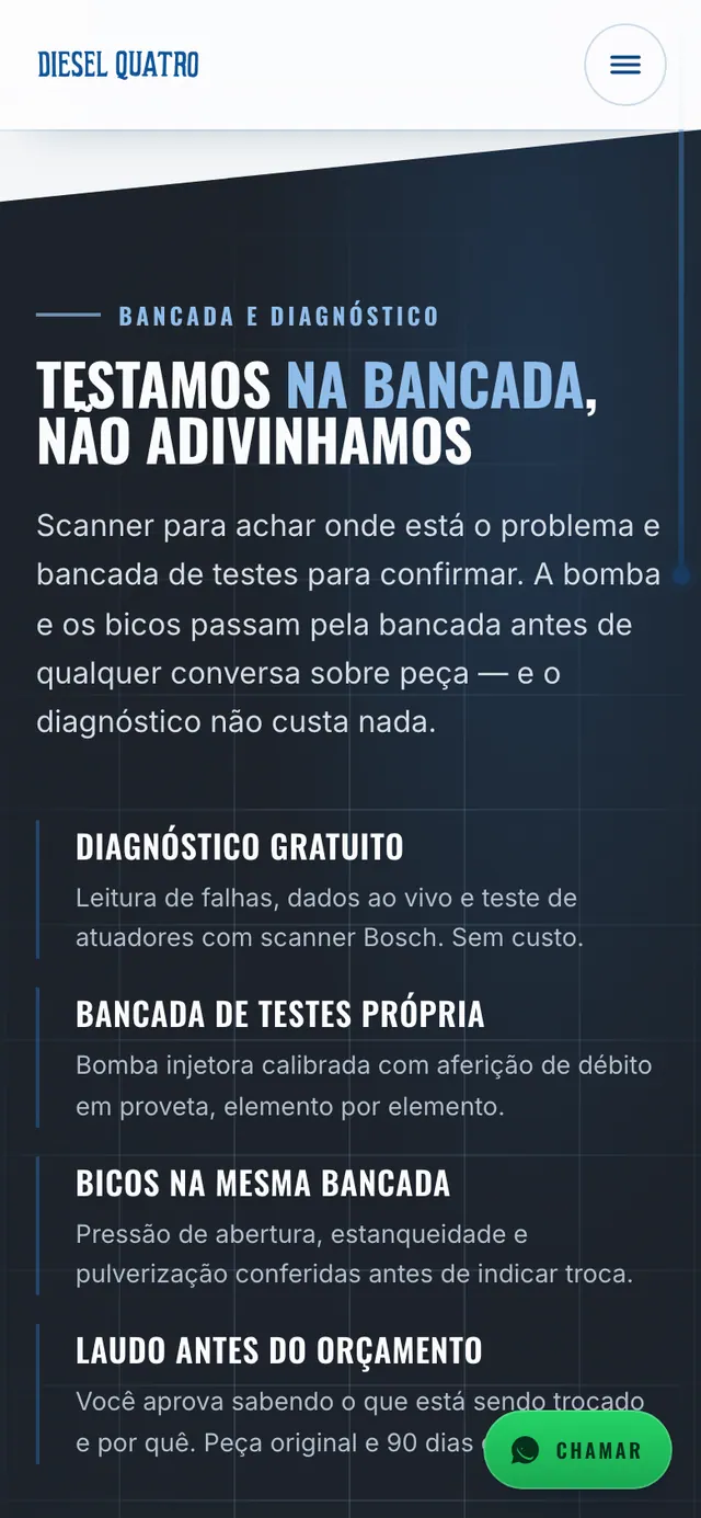 Diesel Quatro: seção de testes em bancada do site no celular