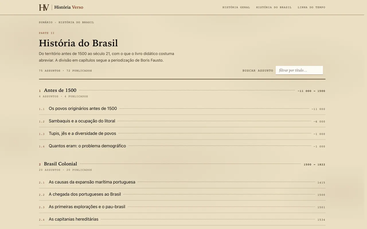 História Verso: Brazilian History contents with topic search on the website on desktop