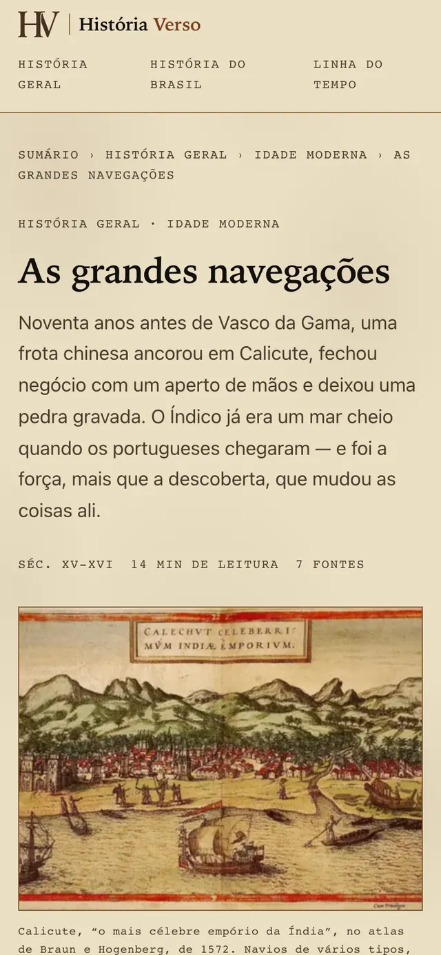 História Verso: opening of a World History article on the website on mobile