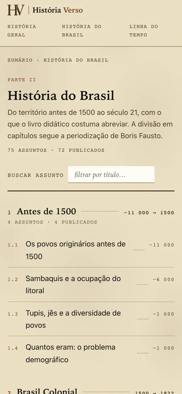 História Verso: Brazilian History contents on the website on mobile