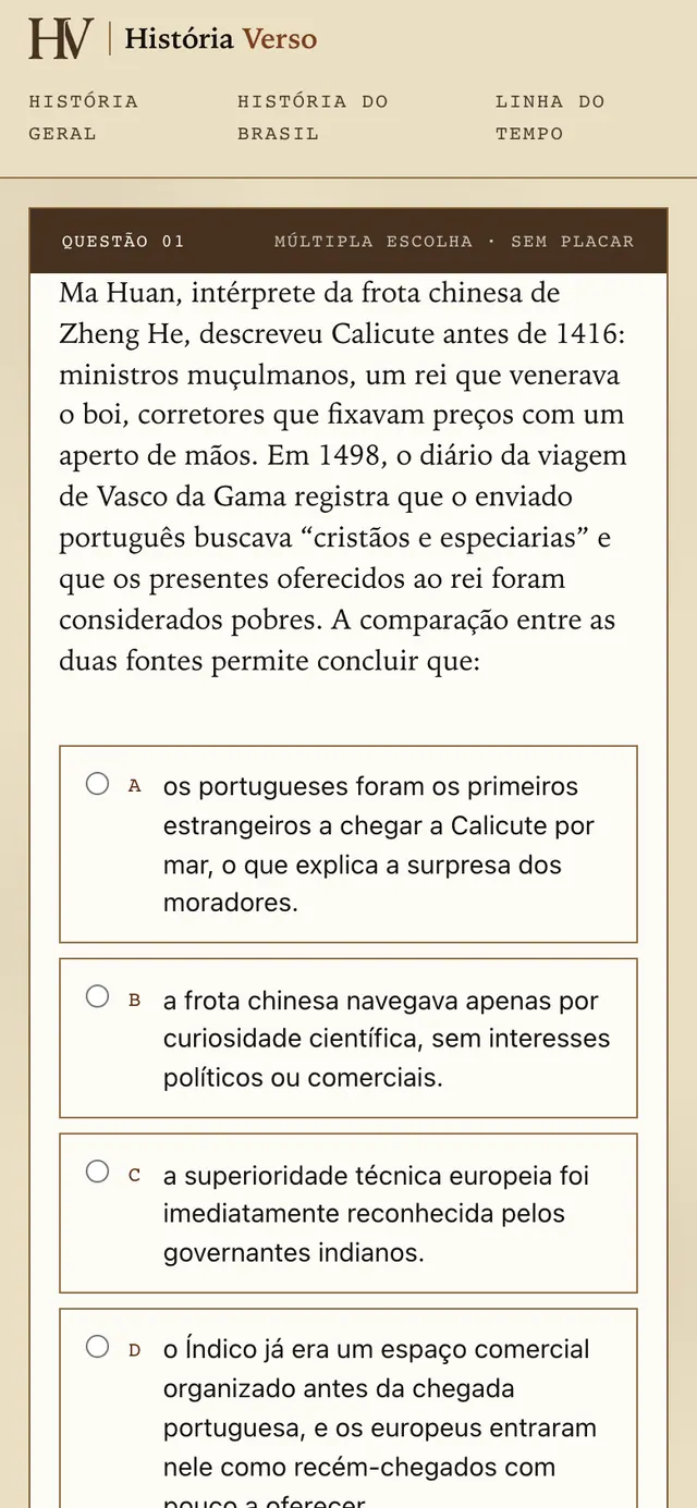 História Verso: multiple-choice question in an article on the website on mobile