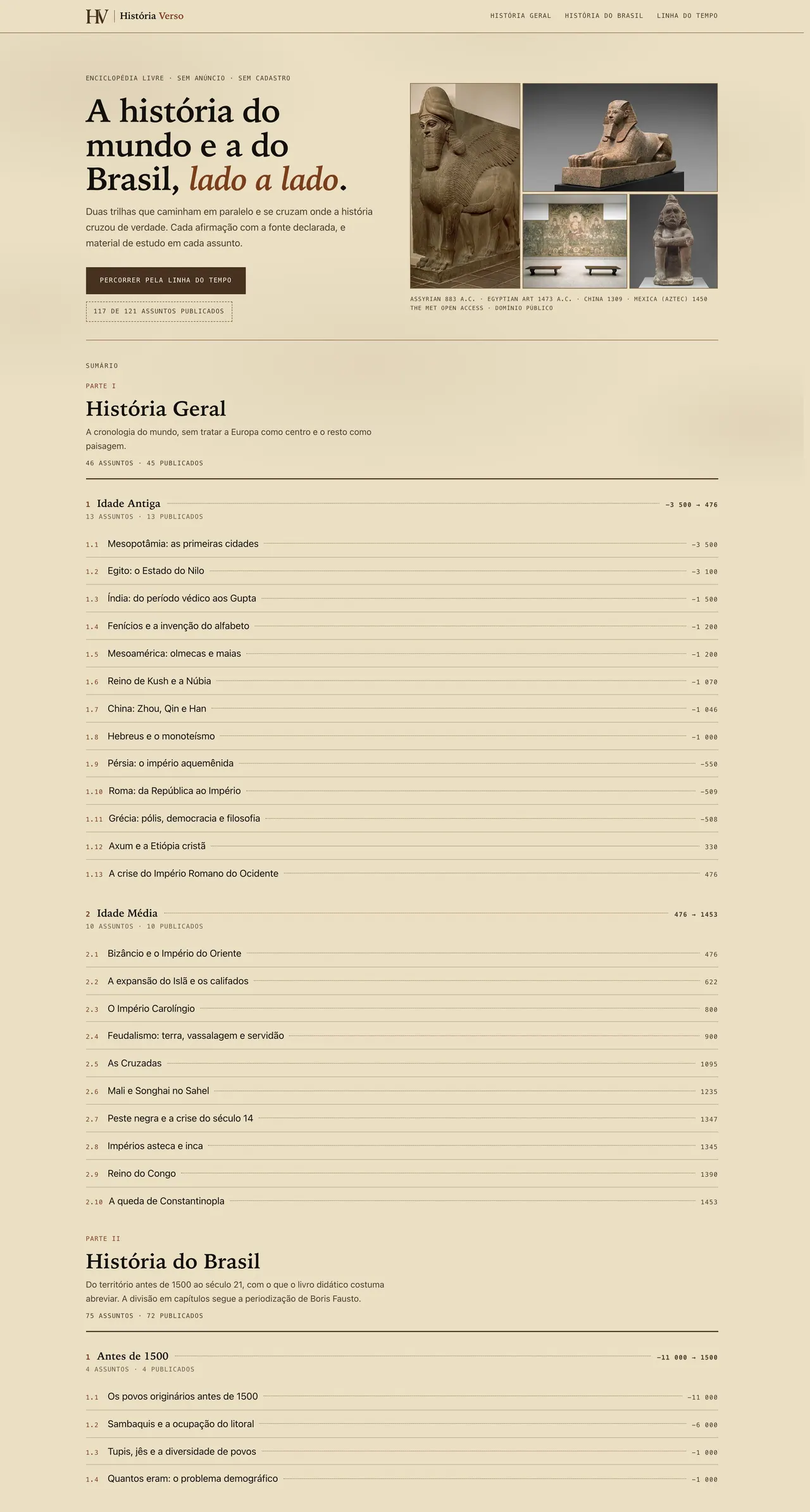 História Verso: home page of the website on desktop, with the World History and Brazilian History contents