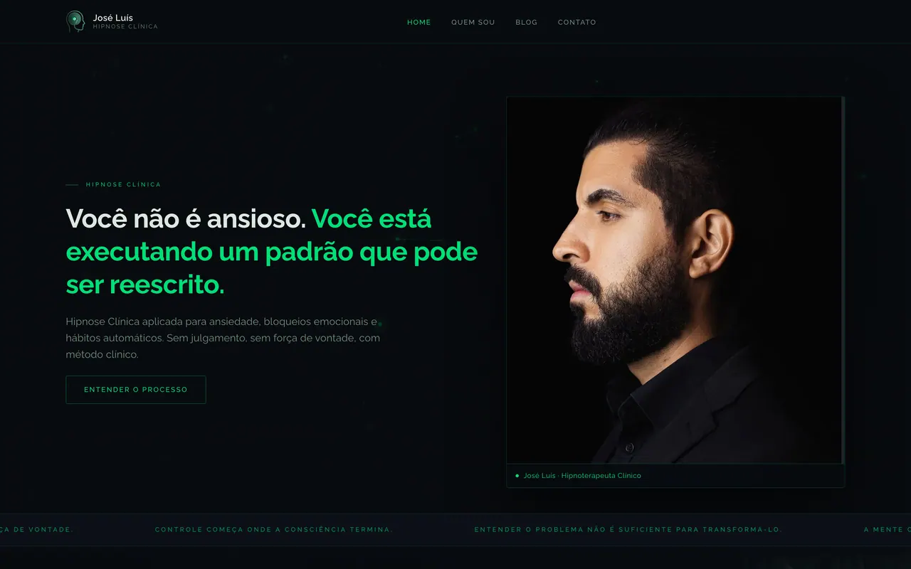 José Luís Hipnose Clínica: tela inicial do site no desktop