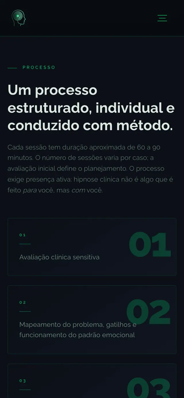 José Luís Hipnose Clínica: seção do processo do site no celular