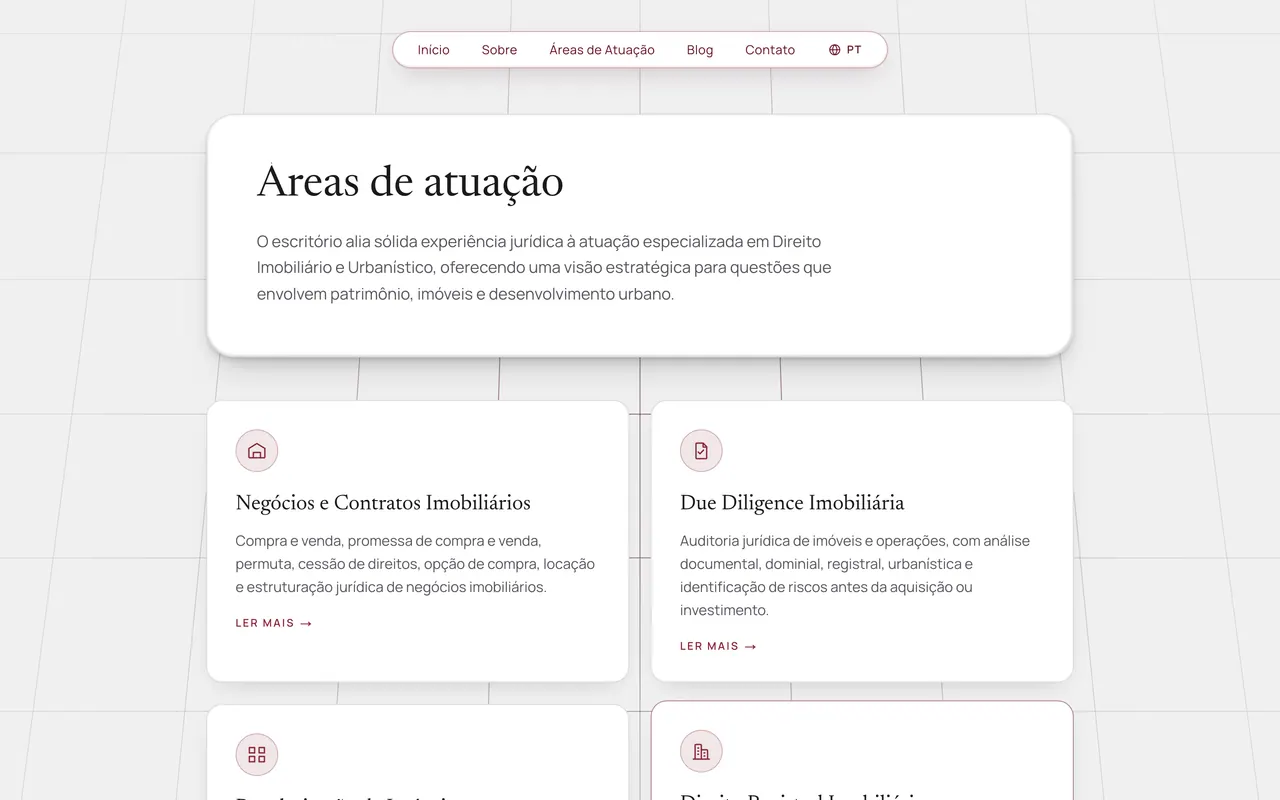 Nunes Oliveira Valença Advocacia: página de áreas de atuação do site no desktop