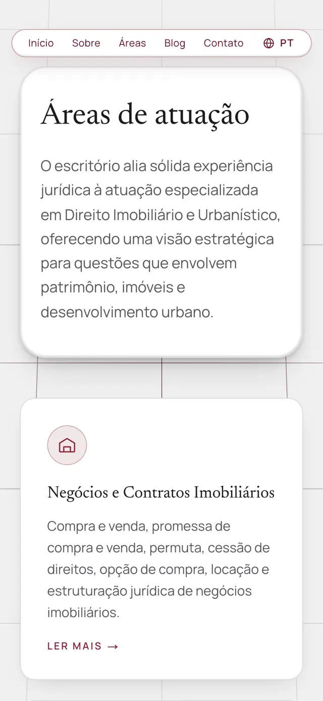 Nunes Oliveira Valença Advocacia: página de áreas de atuação do site no celular